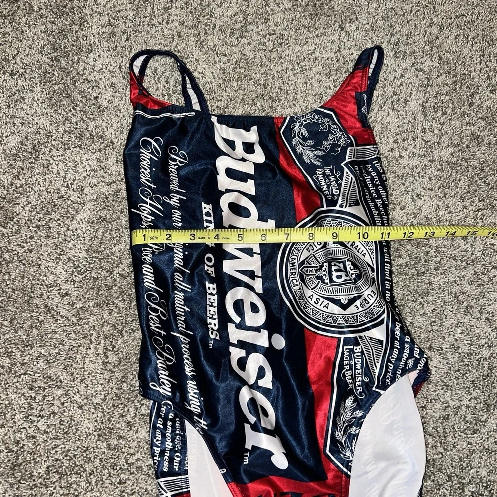 Vintage 90s Budweiser One Piece Bathing Suit Blue Red 11/12 - Picture 6 of 7